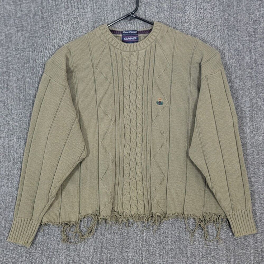 Gant Sweater Women L Olive Green Long Sleeve Oversize Boho Raw Hem Crop Crewneck